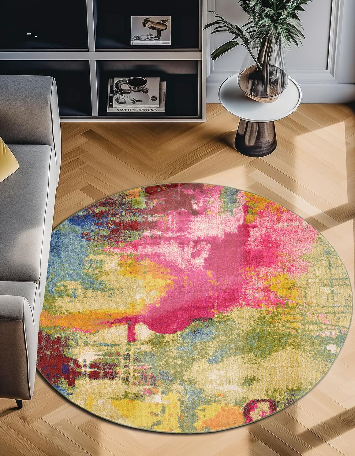 Multicolor 7' 10 x 7' 10 Estrella Round Area Rug 100% Polypropylene Non-Shedding Stain Resistant Carpet Colorful Modern Abstract Design Easy Clean for Home Decor for Sale at Rug Engine