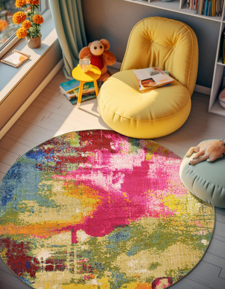 Multicolor 7' 10 x 7' 10 Estrella Round Area Rug 100% Polypropylene Non-Shedding Stain Resistant Carpet Colorful Modern Abstract Design Easy Clean for Home Decor for Sale at Rug Engine