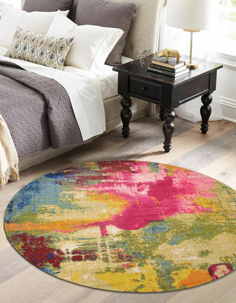 Multicolor 8' x 8' Estrella Round Area Rug 100% Polypropylene Non-Shedding Stain Resistant Carpet Colorful Modern Abstract Design Easy Clean for Home Decor for Sale at Rug Engine