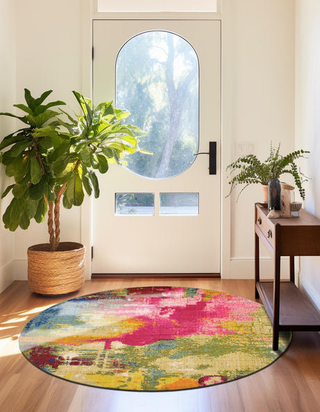 Multicolor 8' x 8' Estrella Round Area Rug 100% Polypropylene Non-Shedding Stain Resistant Carpet Colorful Modern Abstract Design Easy Clean for Home Decor for Sale at Rug Engine
