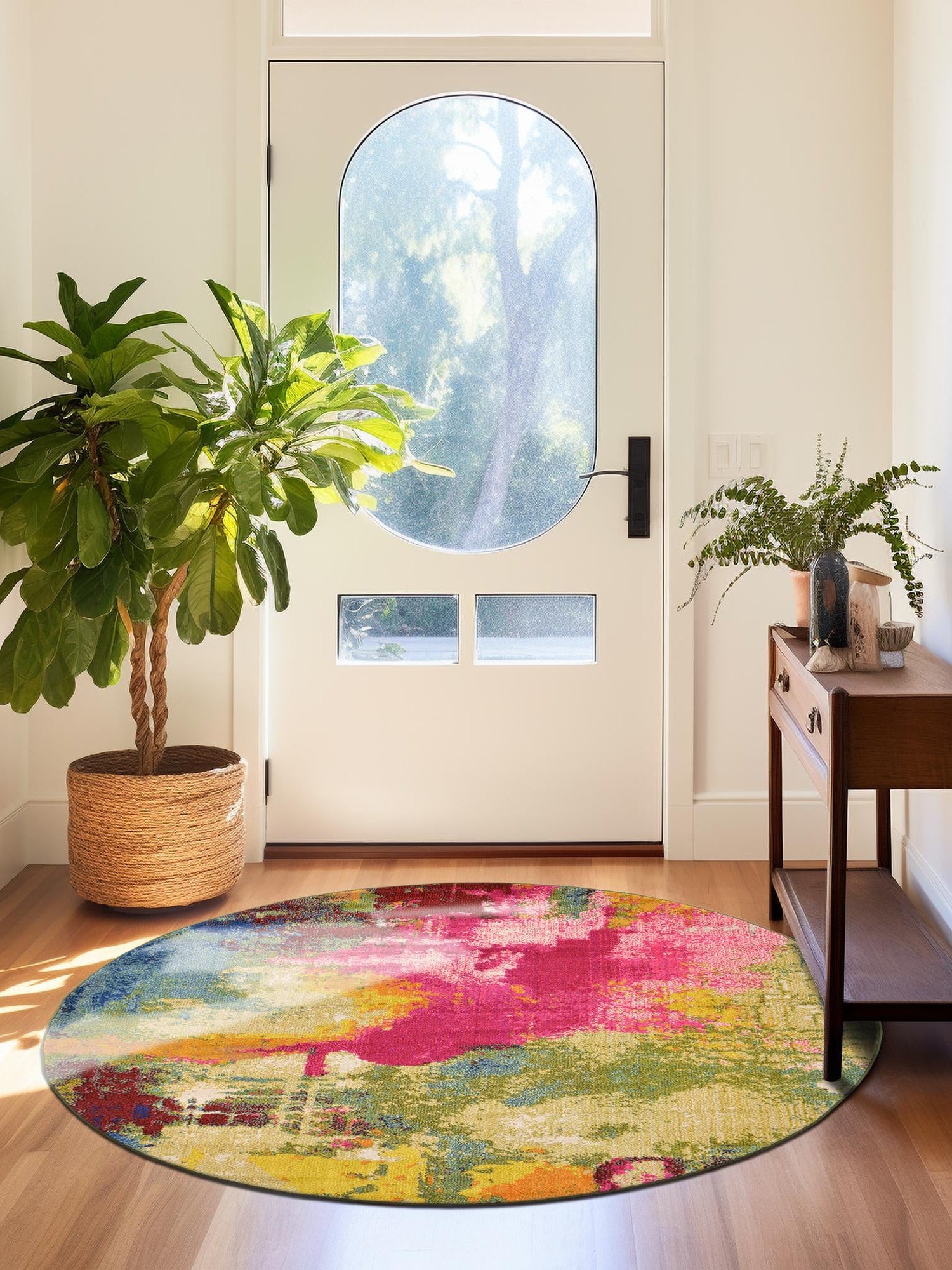 Multicolor 7' 10 x 7' 10 Estrella Round Area Rug 100% Polypropylene Non-Shedding Stain Resistant Carpet Colorful Modern Abstract Design Easy Clean for Home Decor for Sale at Rug Engine
