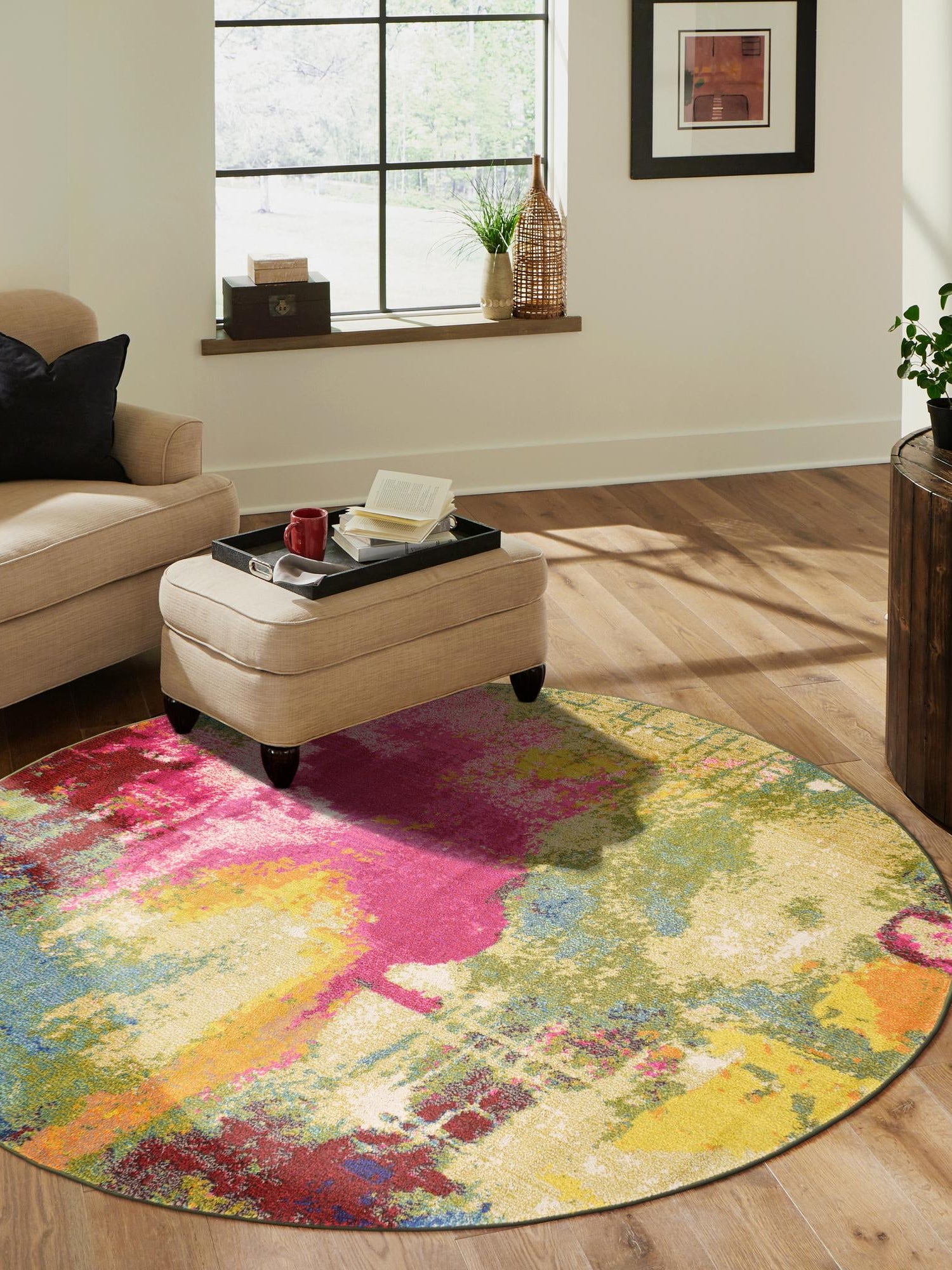 Multicolor 7' 10 x 7' 10 Estrella Round Area Rug 100% Polypropylene Non-Shedding Stain Resistant Carpet Colorful Modern Abstract Design Easy Clean for Home Decor for Sale at Rug Engine