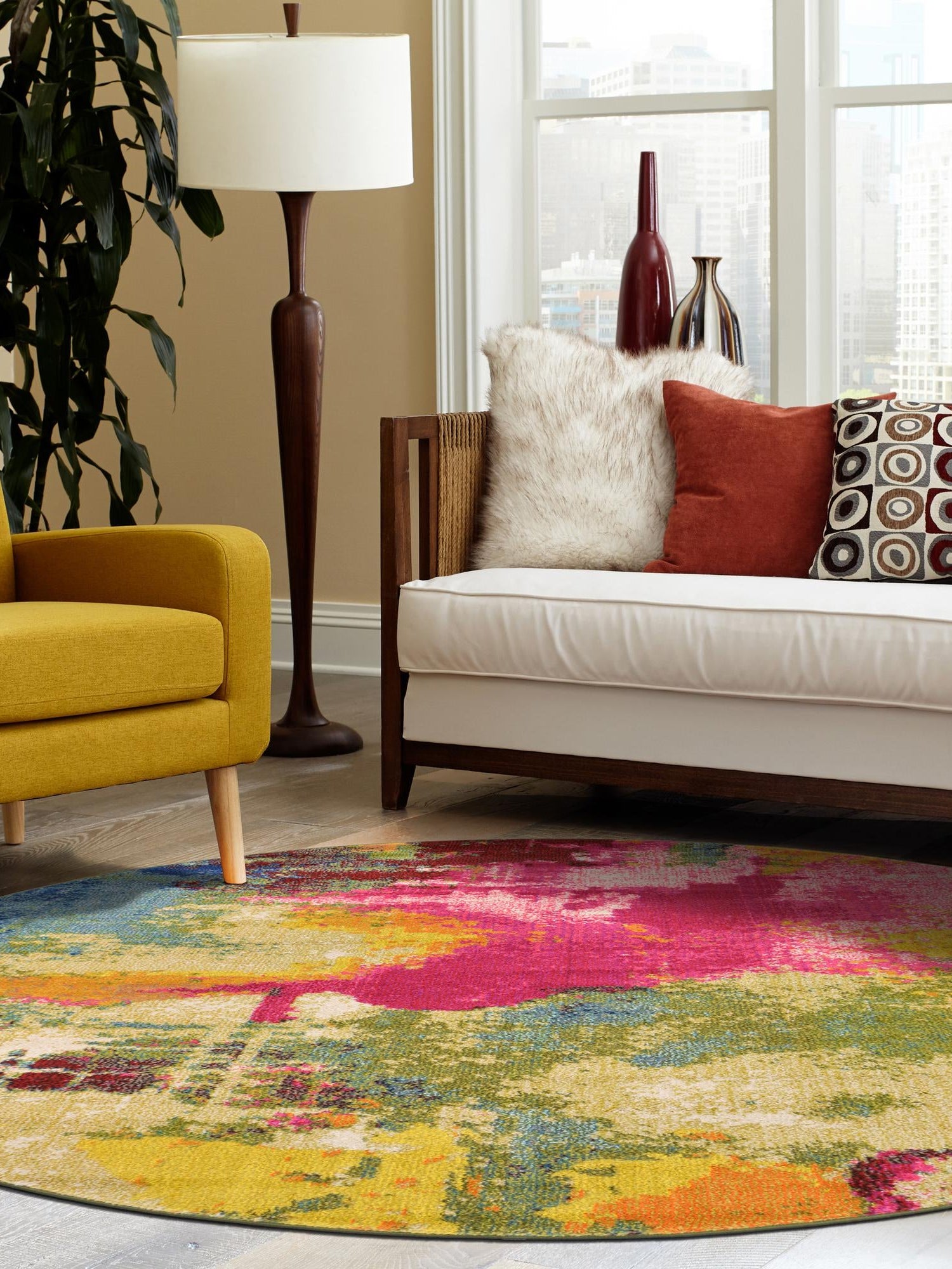Multicolor 7' 10 x 7' 10 Estrella Round Area Rug 100% Polypropylene Non-Shedding Stain Resistant Carpet Colorful Modern Abstract Design Easy Clean for Home Decor for Sale at Rug Engine