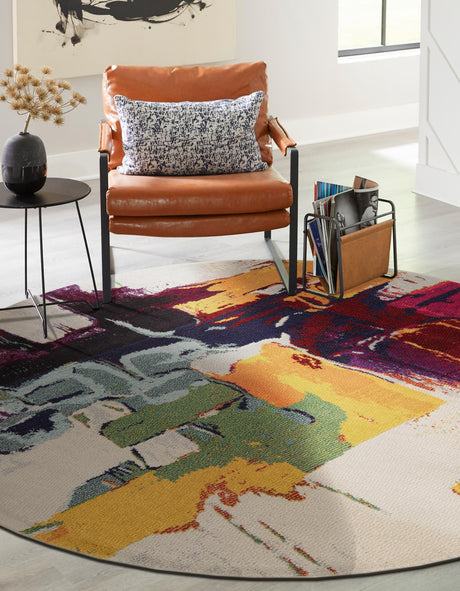 Beige 8' x 8' Estrella Round Area Rug 100% Polypropylene Non-Shedding Stain Resistant Carpet Colorful Modern Abstract Design Easy Clean for Home Decor for Sale at Rug Engine