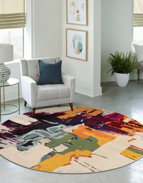 Beige 6' 1 x 6' 1 Estrella Round Area Rug 100% Polypropylene Non-Shedding Stain Resistant Carpet Colorful Modern Abstract Design Easy Clean for Home Decor for Sale at Rug Engine