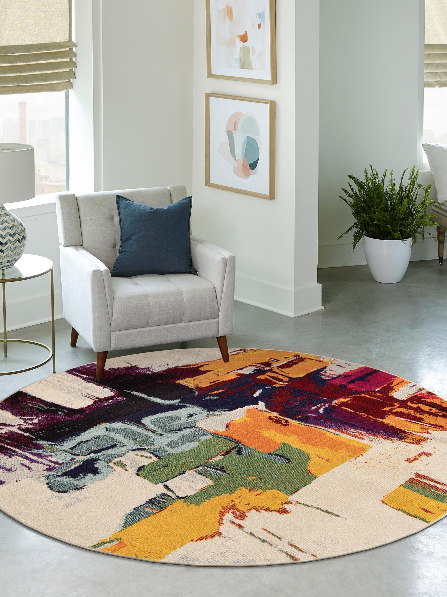 Beige 8' x 8' Estrella Round Area Rug 100% Polypropylene Non-Shedding Stain Resistant Carpet Colorful Modern Abstract Design Easy Clean for Home Decor for Sale at Rug Engine