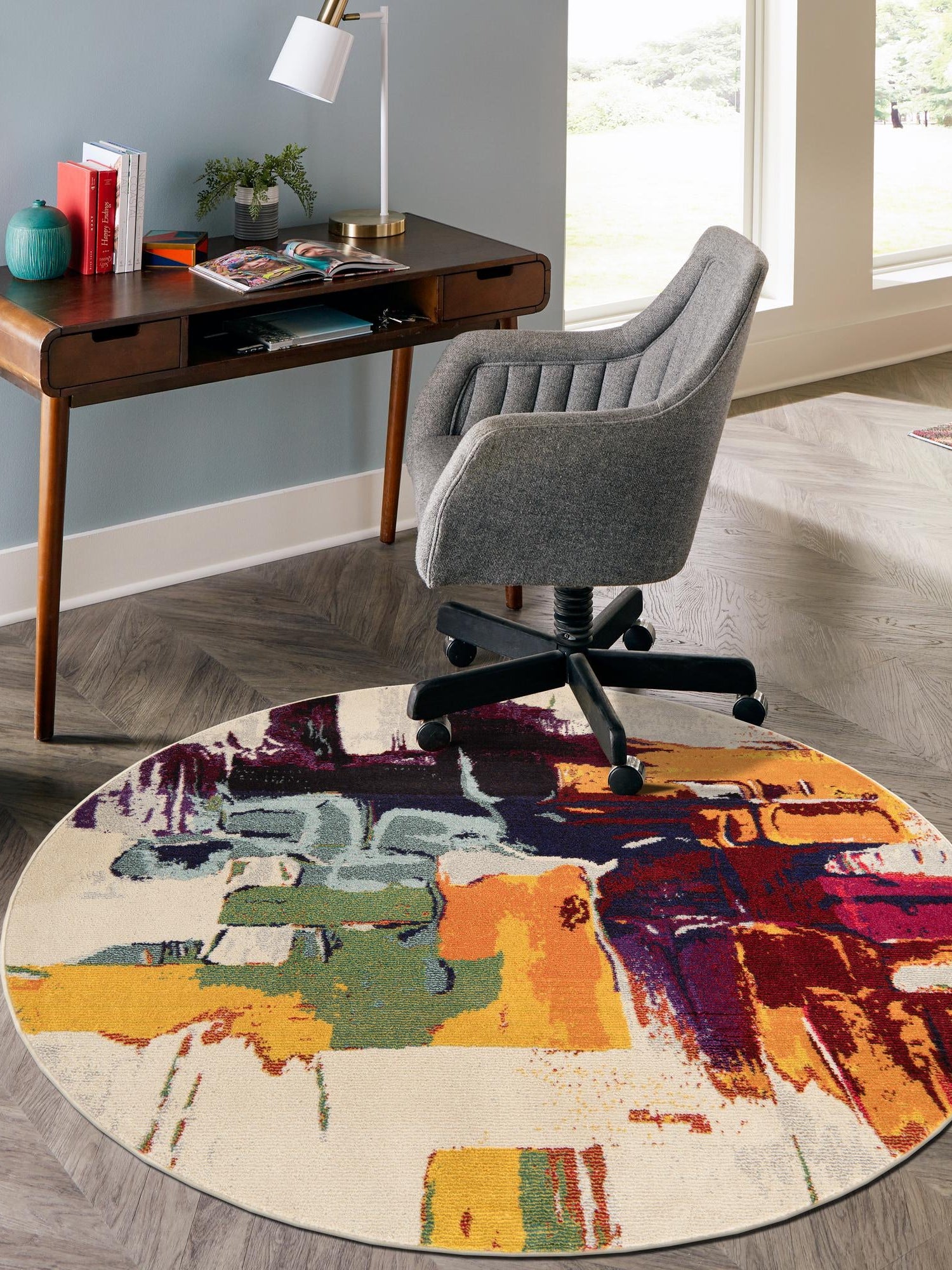 Beige 8' x 8' Estrella Round Area Rug 100% Polypropylene Non-Shedding Stain Resistant Carpet Colorful Modern Abstract Design Easy Clean for Home Decor for Sale at Rug Engine