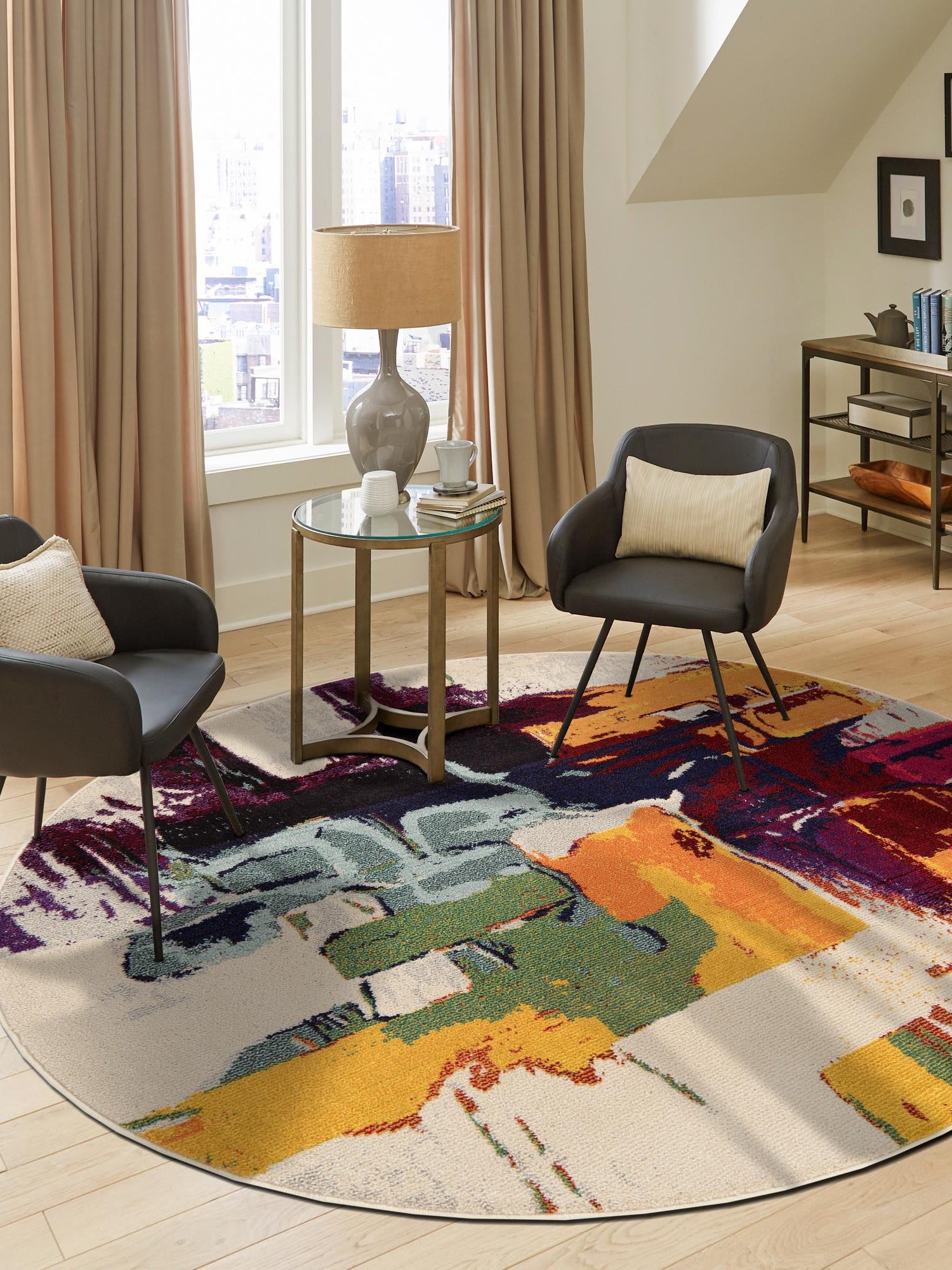 Beige 8' x 8' Estrella Round Area Rug 100% Polypropylene Non-Shedding Stain Resistant Carpet Colorful Modern Abstract Design Easy Clean for Home Decor for Sale at Rug Engine