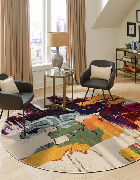 Beige 8' x 8' Estrella Round Area Rug 100% Polypropylene Non-Shedding Stain Resistant Carpet Colorful Modern Abstract Design Easy Clean for Home Decor for Sale at Rug Engine