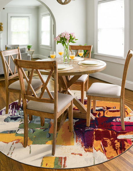 Beige 6' 1 x 6' 1 Estrella Round Area Rug 100% Polypropylene Non-Shedding Stain Resistant Carpet Colorful Modern Abstract Design Easy Clean for Home Decor for Sale at Rug Engine