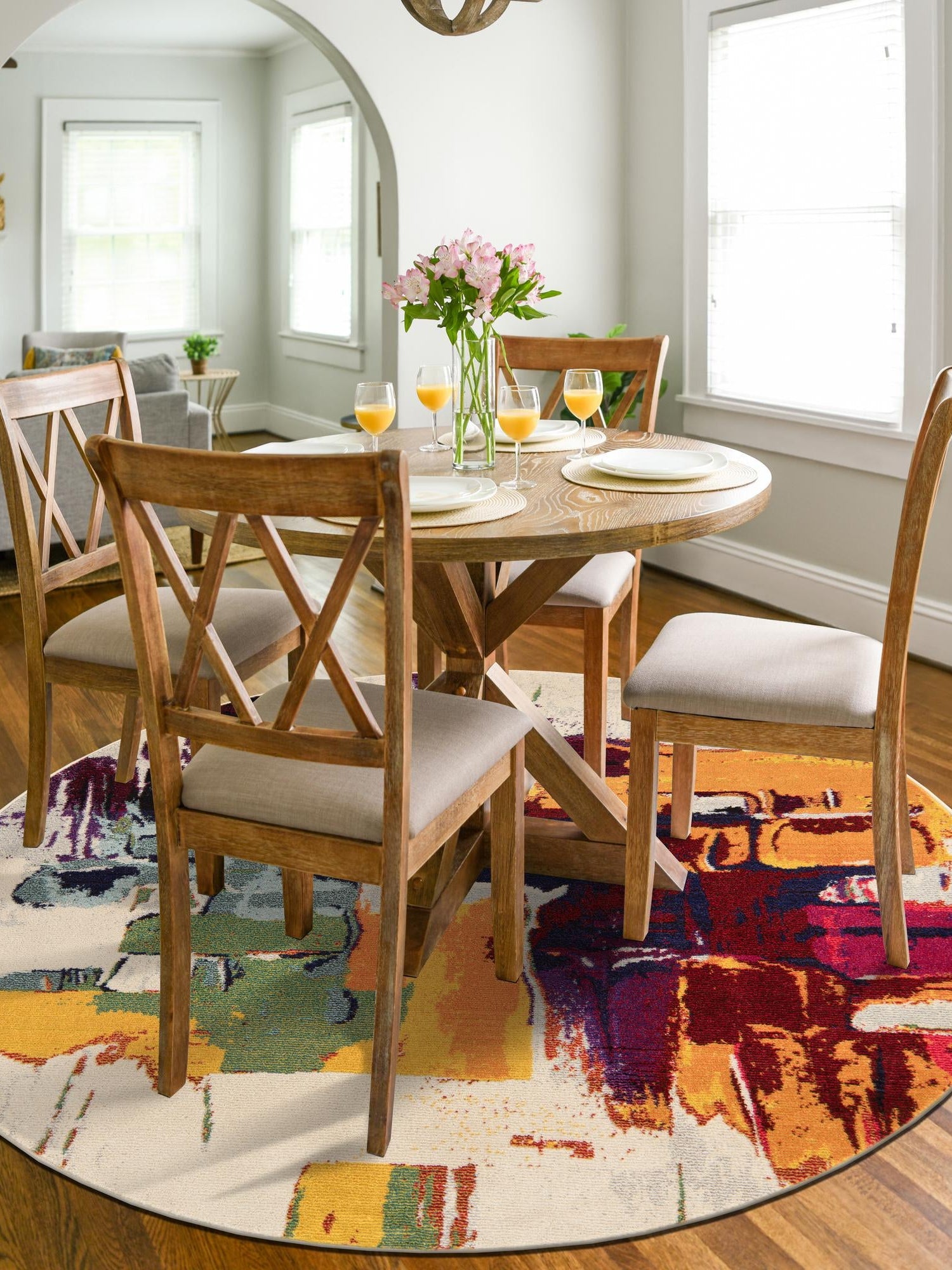 Beige 8' x 8' Estrella Round Area Rug 100% Polypropylene Non-Shedding Stain Resistant Carpet Colorful Modern Abstract Design Easy Clean for Home Decor for Sale at Rug Engine