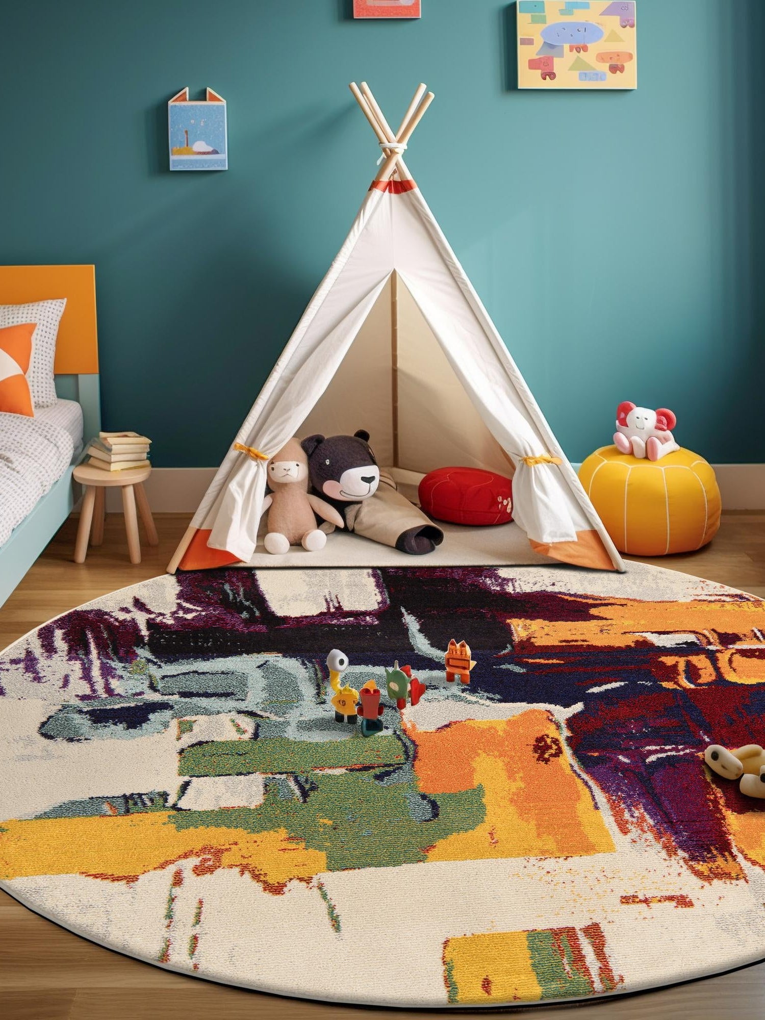 Beige 8' x 8' Estrella Round Area Rug 100% Polypropylene Non-Shedding Stain Resistant Carpet Colorful Modern Abstract Design Easy Clean for Home Decor for Sale at Rug Engine