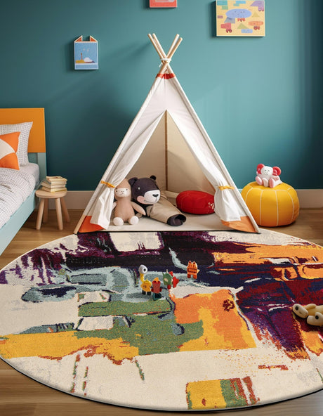 Beige 8' x 8' Estrella Round Area Rug 100% Polypropylene Non-Shedding Stain Resistant Carpet Colorful Modern Abstract Design Easy Clean for Home Decor for Sale at Rug Engine