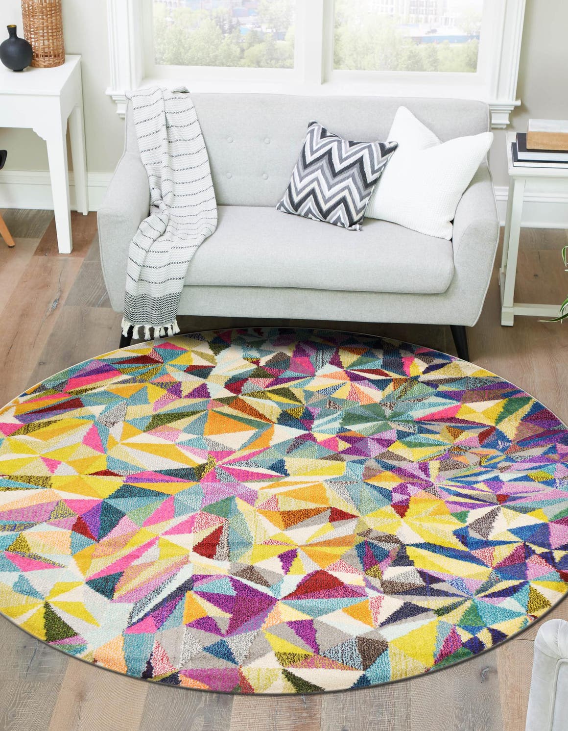 Multicolor 8' x 8' Estrella Round Area Rug 100% Polypropylene Non-Shedding Stain Resistant Carpet Colorful Modern Abstract Design Easy Clean for Home Decor for Sale at Rug Engine
