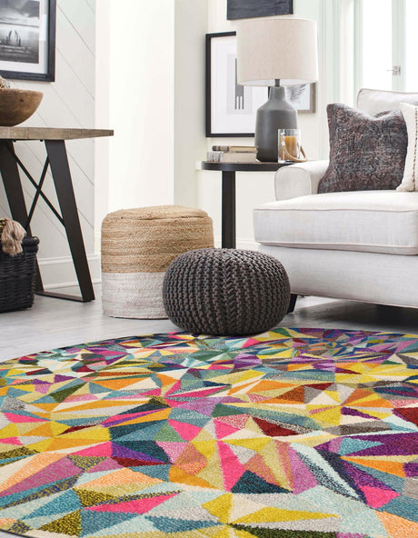 Multicolor 8' x 8' Estrella Round Area Rug 100% Polypropylene Non-Shedding Stain Resistant Carpet Colorful Modern Abstract Design Easy Clean for Home Decor for Sale at Rug Engine