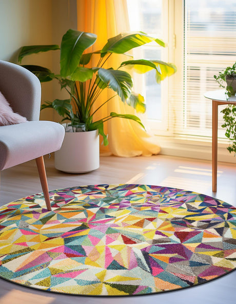 Multicolor 8' x 8' Estrella Round Area Rug 100% Polypropylene Non-Shedding Stain Resistant Carpet Colorful Modern Abstract Design Easy Clean for Home Decor for Sale at Rug Engine