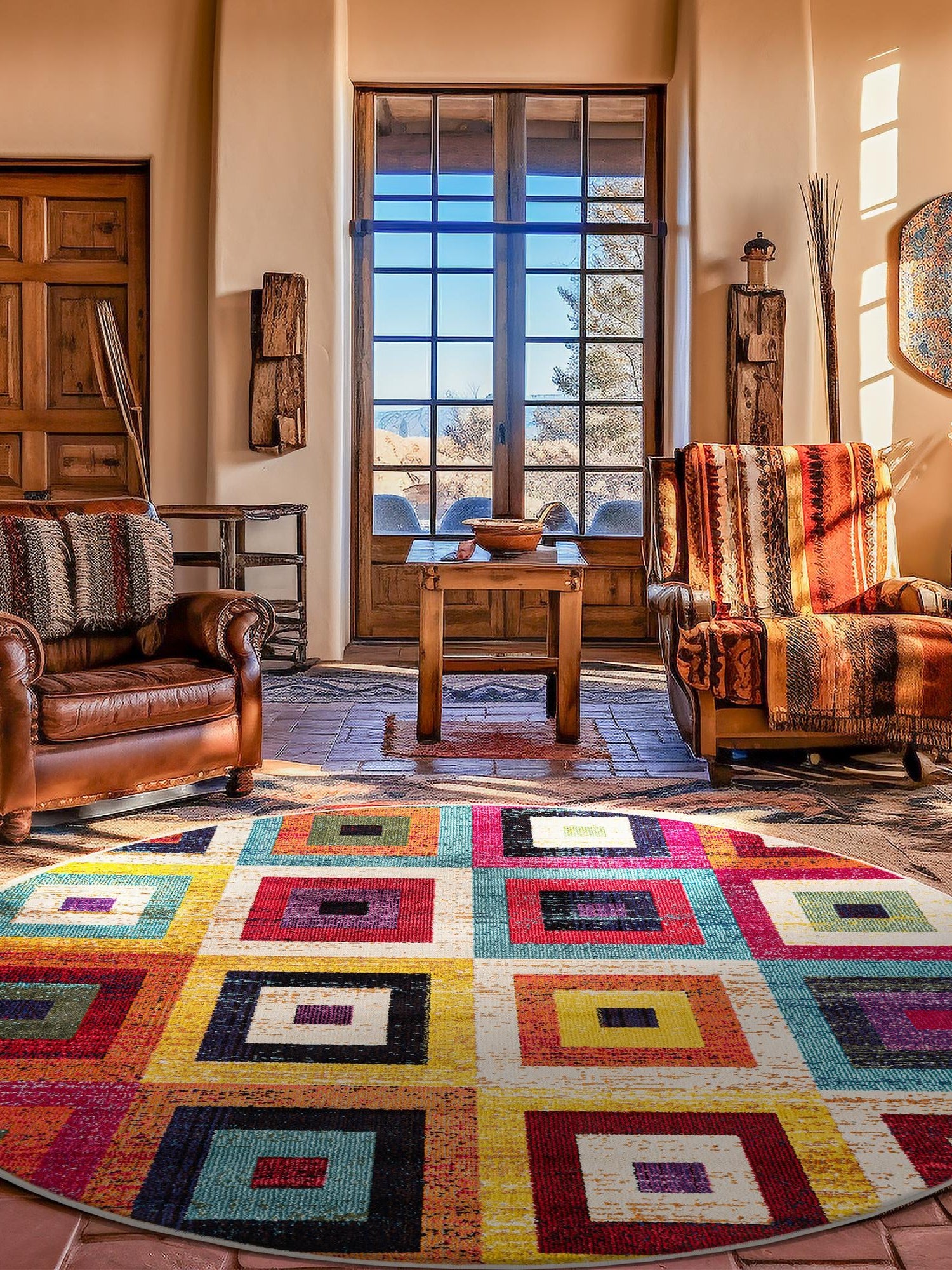 Multicolor 8' x 8' Estrella Round Area Rug 100% Polypropylene Non-Shedding Stain Resistant Carpet Colorful Modern Abstract Design Easy Clean for Home Decor for Sale at Rug Engine