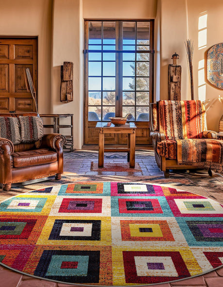 Multicolor 8' x 8' Estrella Round Area Rug 100% Polypropylene Non-Shedding Stain Resistant Carpet Colorful Modern Abstract Design Easy Clean for Home Decor for Sale at Rug Engine