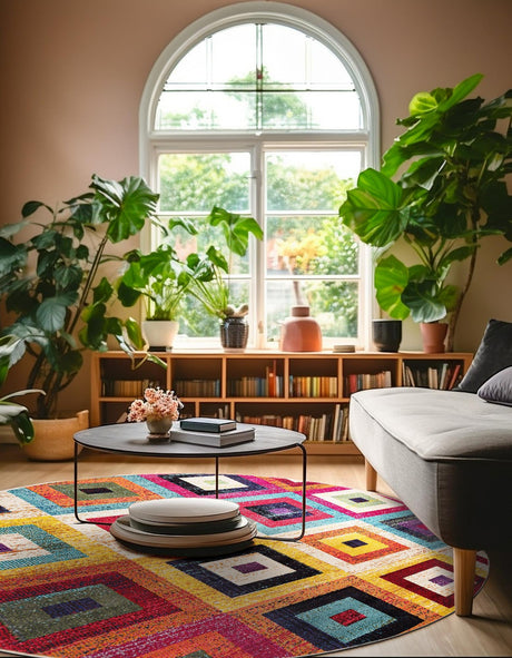 Multicolor 8' x 8' Estrella Round Area Rug 100% Polypropylene Non-Shedding Stain Resistant Carpet Colorful Modern Abstract Design Easy Clean for Home Decor for Sale at Rug Engine