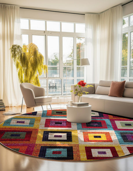 Multicolor 8' x 8' Estrella Round Area Rug 100% Polypropylene Non-Shedding Stain Resistant Carpet Colorful Modern Abstract Design Easy Clean for Home Decor for Sale at Rug Engine