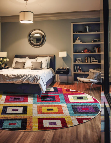 Multicolor 6' 1 x 6' 1 Estrella Round Area Rug 100% Polypropylene Non-Shedding Stain Resistant Carpet Colorful Modern Abstract Design Easy Clean for Home Decor for Sale at Rug Engine