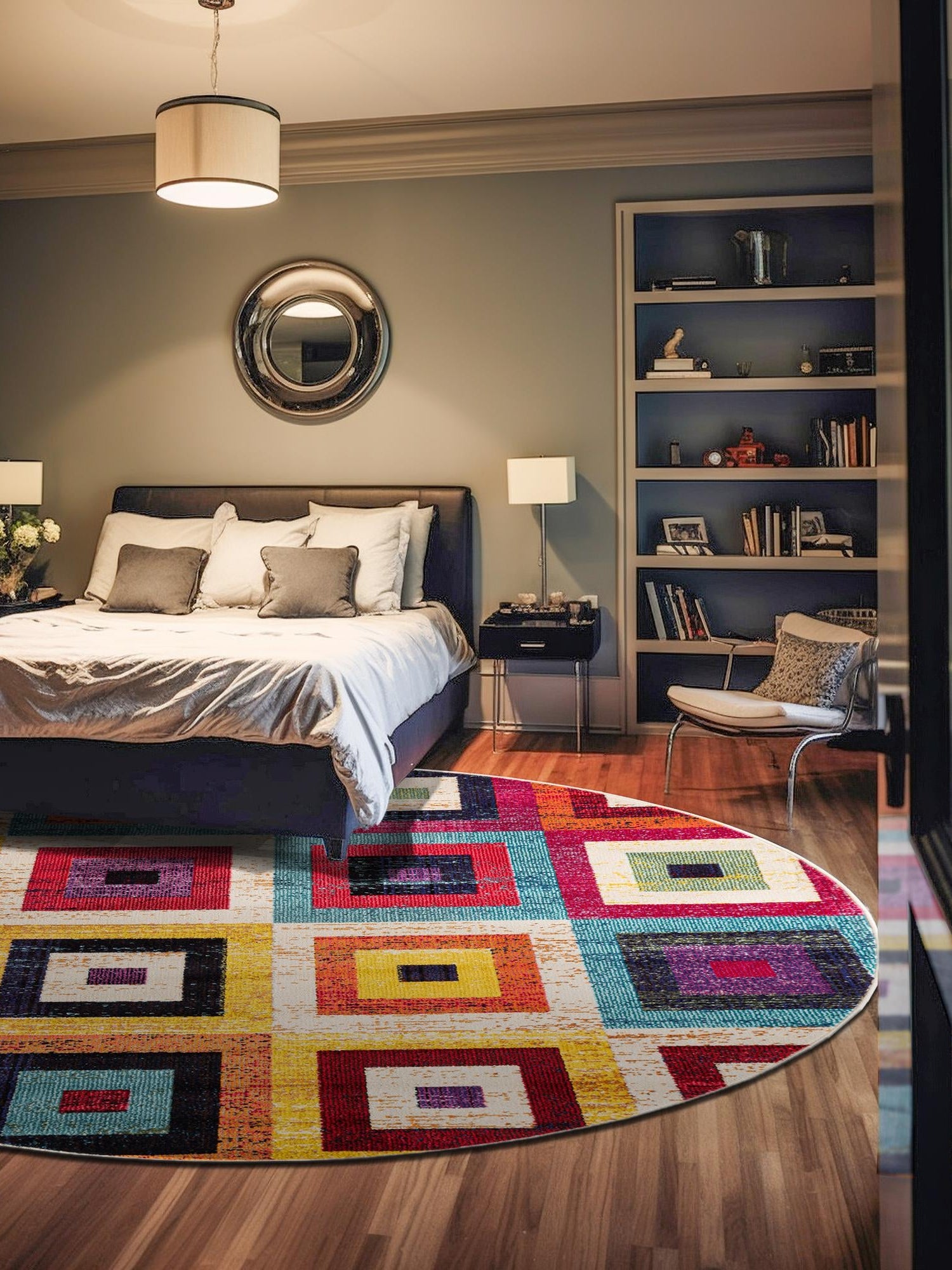 Multicolor 8' x 8' Estrella Round Area Rug 100% Polypropylene Non-Shedding Stain Resistant Carpet Colorful Modern Abstract Design Easy Clean for Home Decor for Sale at Rug Engine