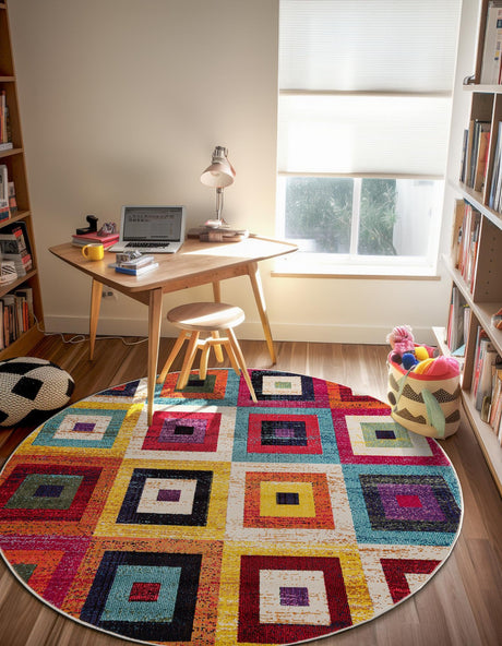 Multicolor 8' x 8' Estrella Round Area Rug 100% Polypropylene Non-Shedding Stain Resistant Carpet Colorful Modern Abstract Design Easy Clean for Home Decor for Sale at Rug Engine
