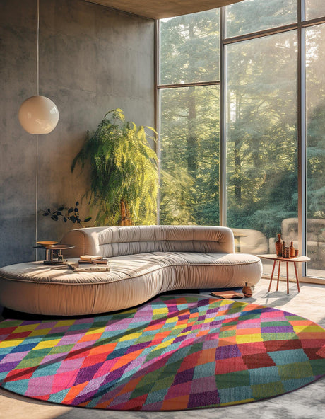 Multicolor 8' x 8' Estrella Round Area Rug 100% Polypropylene Non-Shedding Stain Resistant Carpet Colorful Modern Abstract Design Easy Clean for Home Decor for Sale at Rug Engine