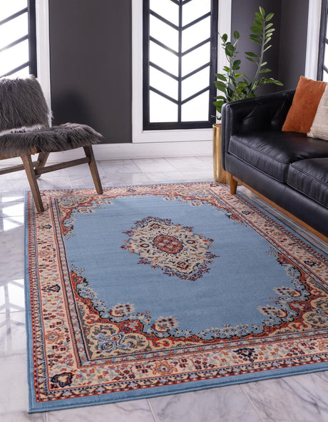 Light Blue 6' 1 x 9' Reza Rectangle Area Rug 100% Polypropylene Easy Clean Traditional Motif Classic Carpet for Home Interiors for Sale at Rug Engine