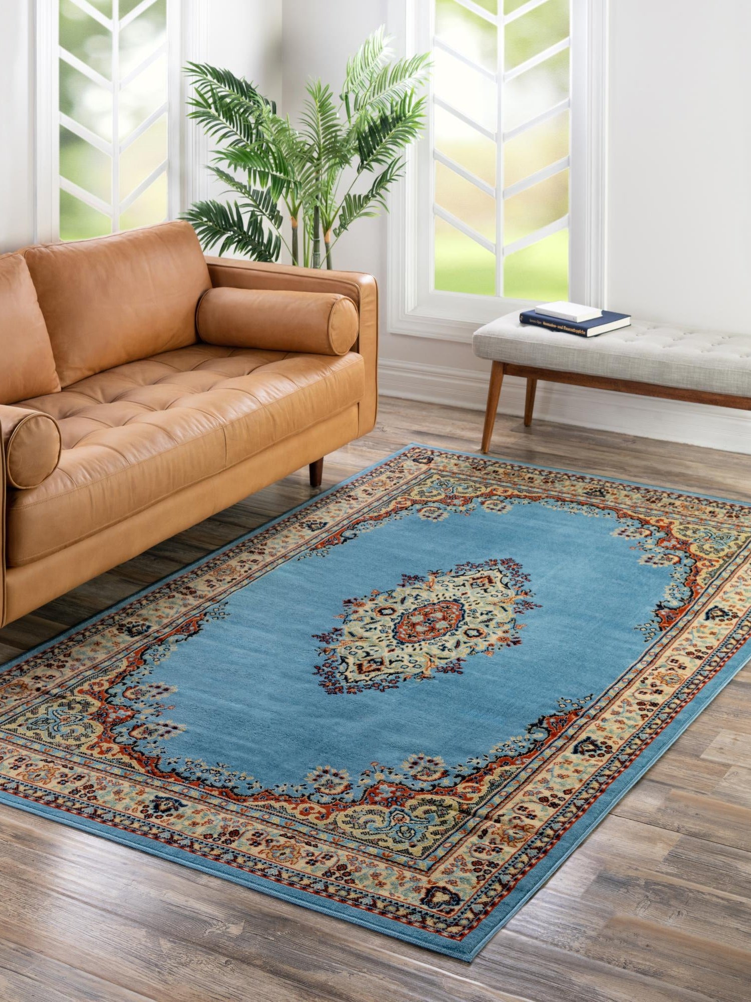 Light Blue 9' x 12' Reza Rectangle Area Rug 100% Polypropylene Easy Clean Traditional Motif Classic Carpet for Home Interiors for Sale at Rug Engine