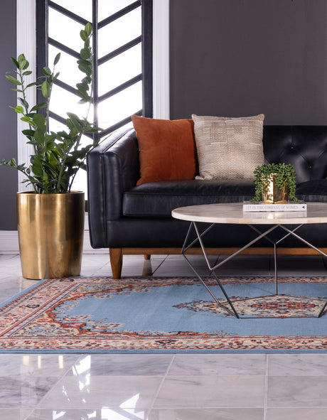 Light Blue 9' x 12' Reza Rectangle Area Rug 100% Polypropylene Easy Clean Traditional Motif Classic Carpet for Home Interiors for Sale at Rug Engine