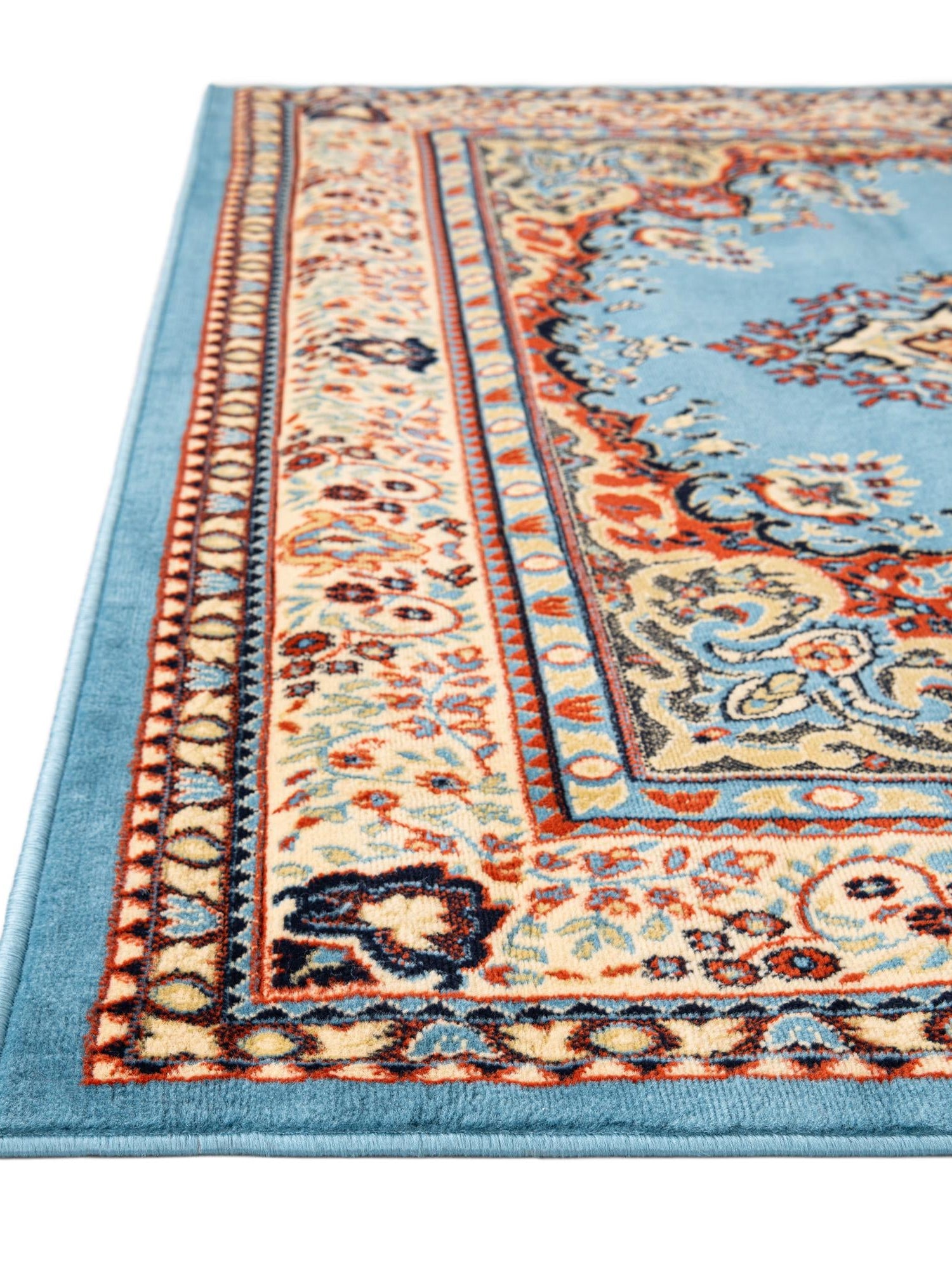 Light Blue 5' 3 x 8' Reza Rectangle Area Rug 100% Polypropylene Easy Clean Traditional Motif Classic Carpet for Home Interiors for Sale at Rug Engine