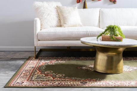 Green 7' 10 x 10' Reza Rectangle Area Rug 100% Polypropylene Easy Clean Traditional Motif Classic Carpet for Home Interiors for Sale at Rug Engine