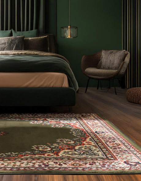 Green 7' 10 x 10' Reza Rectangle Area Rug 100% Polypropylene Easy Clean Traditional Motif Classic Carpet for Home Interiors for Sale at Rug Engine