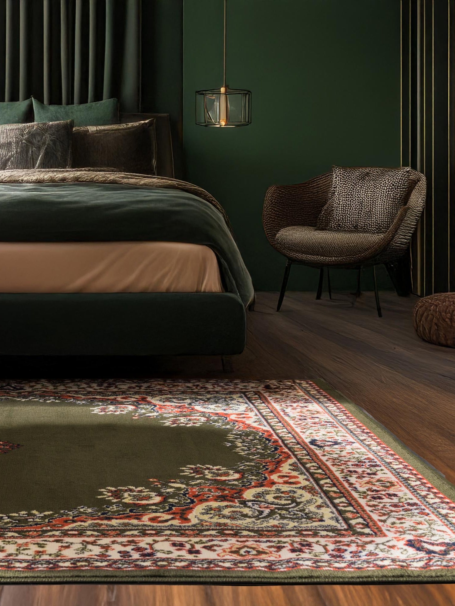 Green 4' 1 x 6' 1 Reza Rectangle Area Rug 100% Polypropylene Easy Clean Traditional Motif Classic Carpet for Home Interiors for Sale at Rug Engine