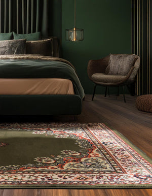 Green 4' 1 x 6' 1 Reza Rectangle Area Rug 100% Polypropylene Easy Clean Traditional Motif Classic Carpet for Home Interiors for Sale at Rug Engine