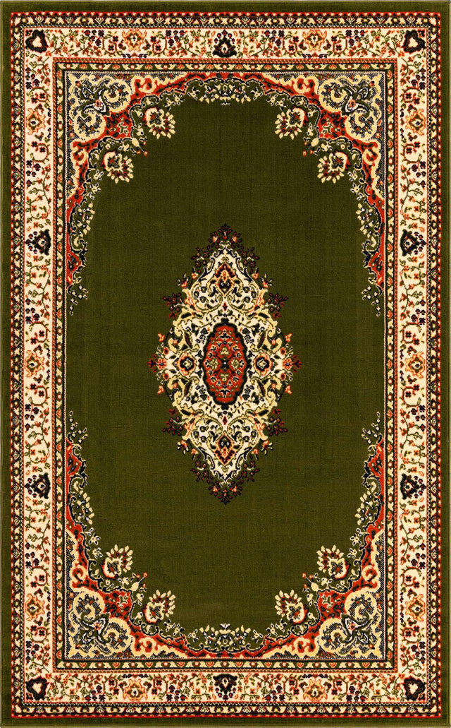 Green 5' 3 x 8' Reza Rectangle Area Rug 100% Polypropylene Easy Clean Traditional Motif Classic Carpet for Home Interiors for Sale at Rug Engine
