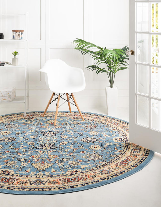Light Blue 7' 10 x 7' 10 Sialk Hill Round Area Rug 100% Polypropylene Durable Easy Clean Classic Traditional Design Carpet for Interior Design for Sale at Rug Engine
