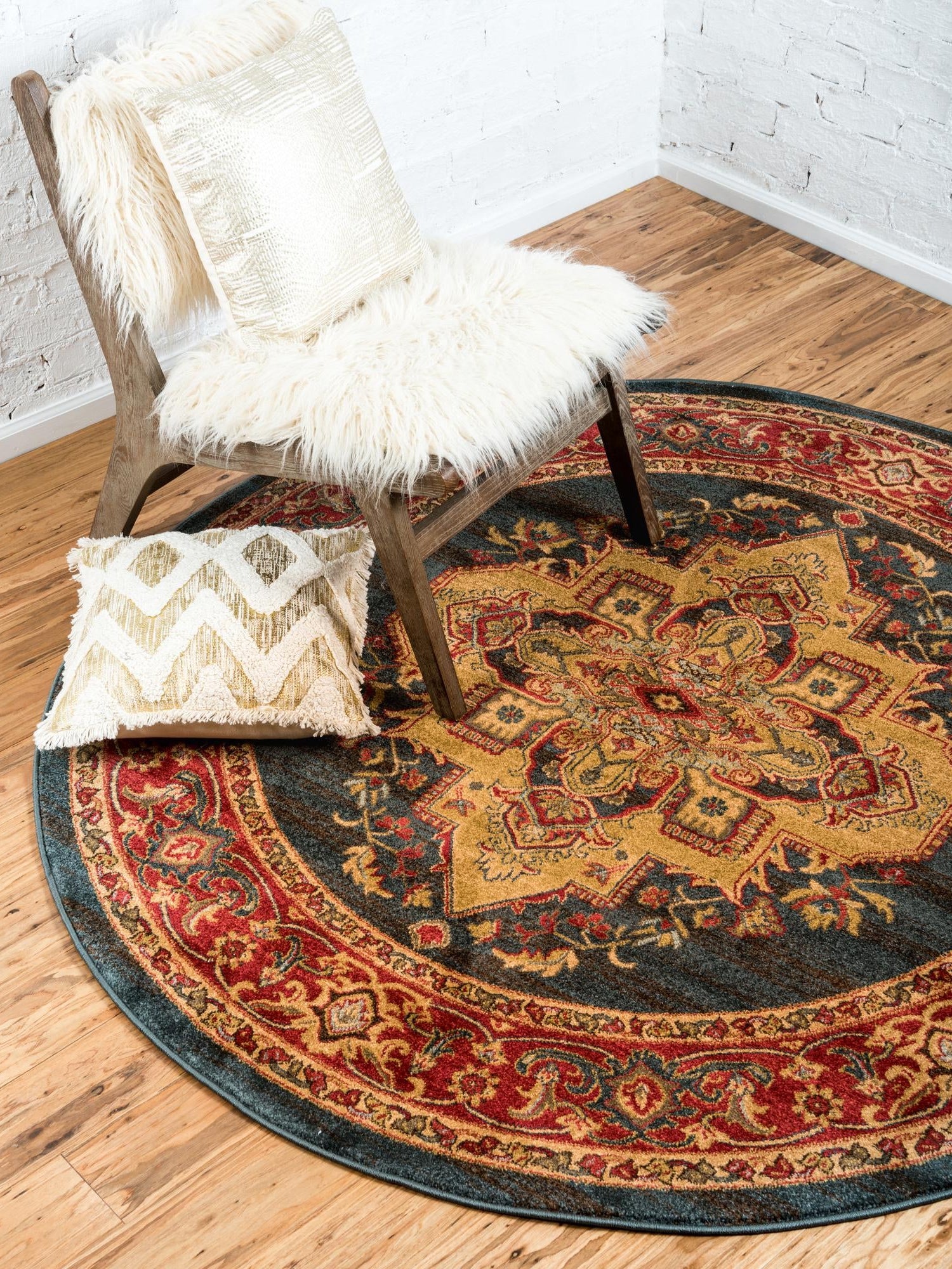 Navy Blue 8' x 8' Sahand Round Area Rug Affordable Easy Clean Traditional Design Durable Carpet for Home Interior Design Living Room Dining Office for Sale at Rug Engine