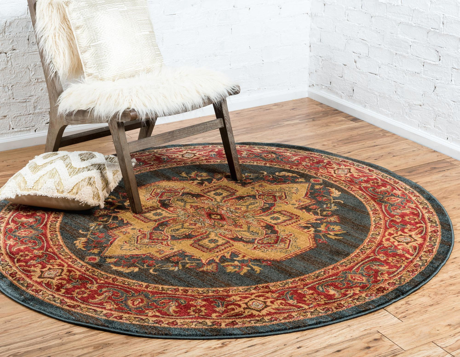 Navy Blue 8' x 8' Sahand Round Area Rug Affordable Easy Clean Traditional Design Durable Carpet for Home Interior Design Living Room Dining Office for Sale at Rug Engine