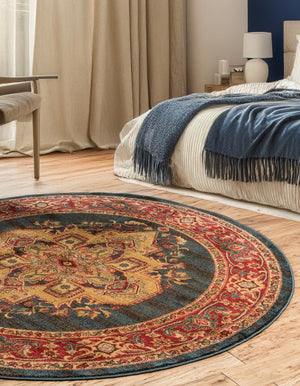 Navy Blue 6' 1 x 6' 1 Sahand Round Area Rug Affordable Easy Clean Traditional Design Durable Carpet for Home Interior Design Living Room Dining Office for Sale at Rug Engine