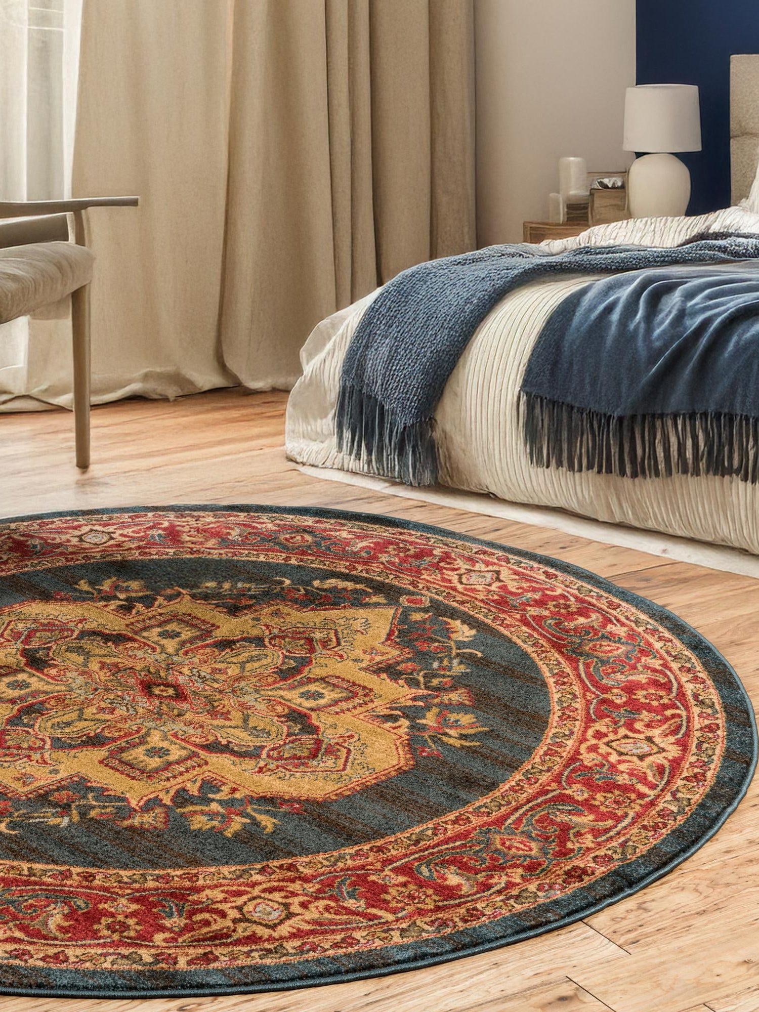 Navy Blue 8' x 8' Sahand Round Area Rug Affordable Easy Clean Traditional Design Durable Carpet for Home Interior Design Living Room Dining Office for Sale at Rug Engine
