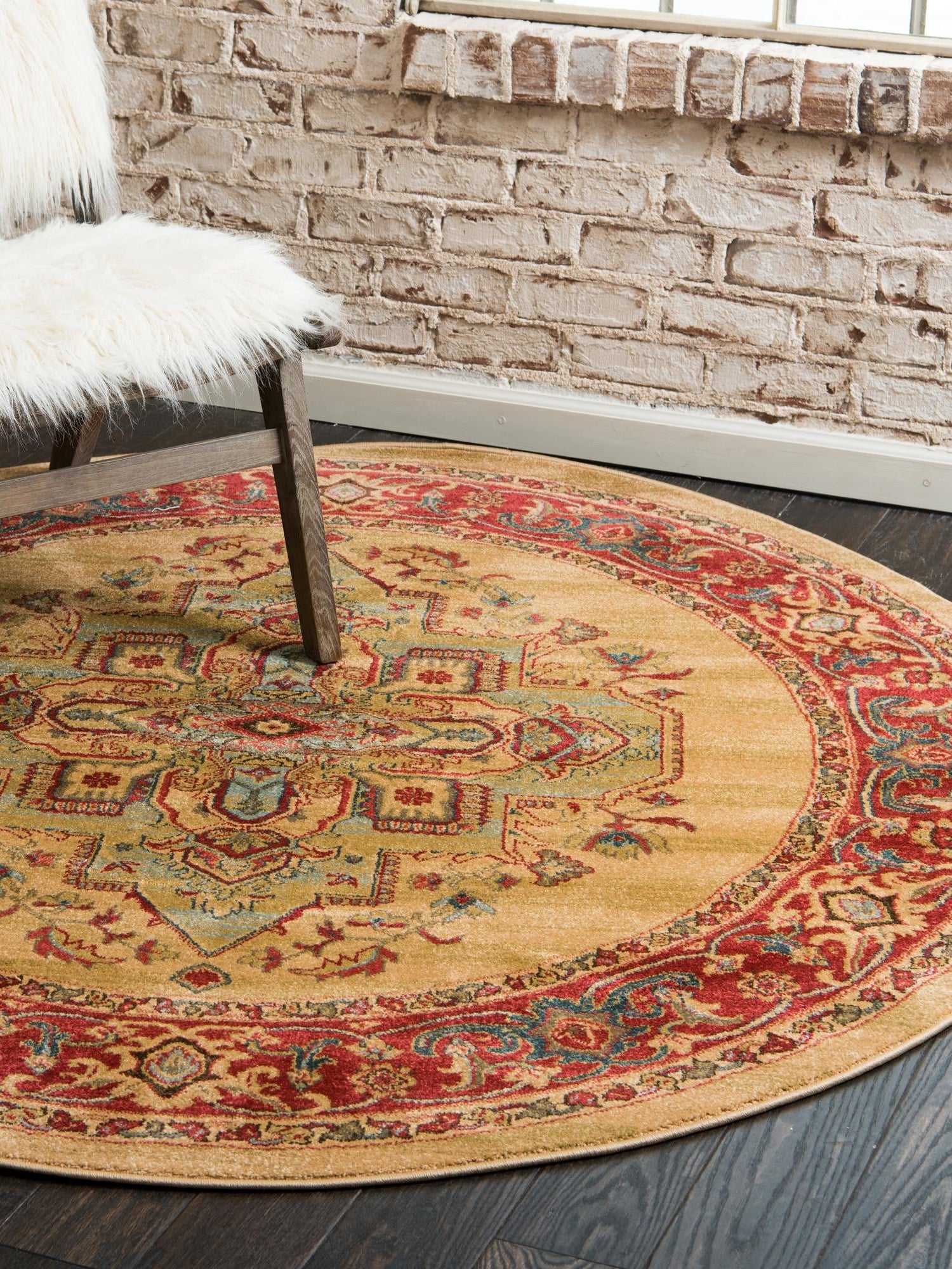 Tan 8' x 8' Sahand Round Area Rug Affordable Easy Clean Traditional Design Durable Carpet for Home Interior Design Living Room Dining Office for Sale at Rug Engine