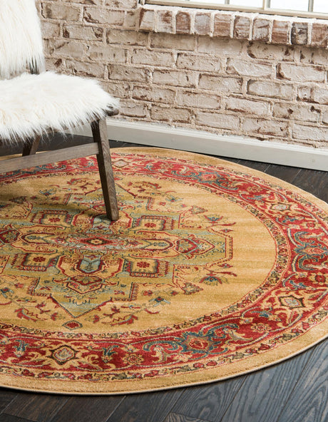 Tan 8' x 8' Sahand Round Area Rug Affordable Easy Clean Traditional Design Durable Carpet for Home Interior Design Living Room Dining Office for Sale at Rug Engine