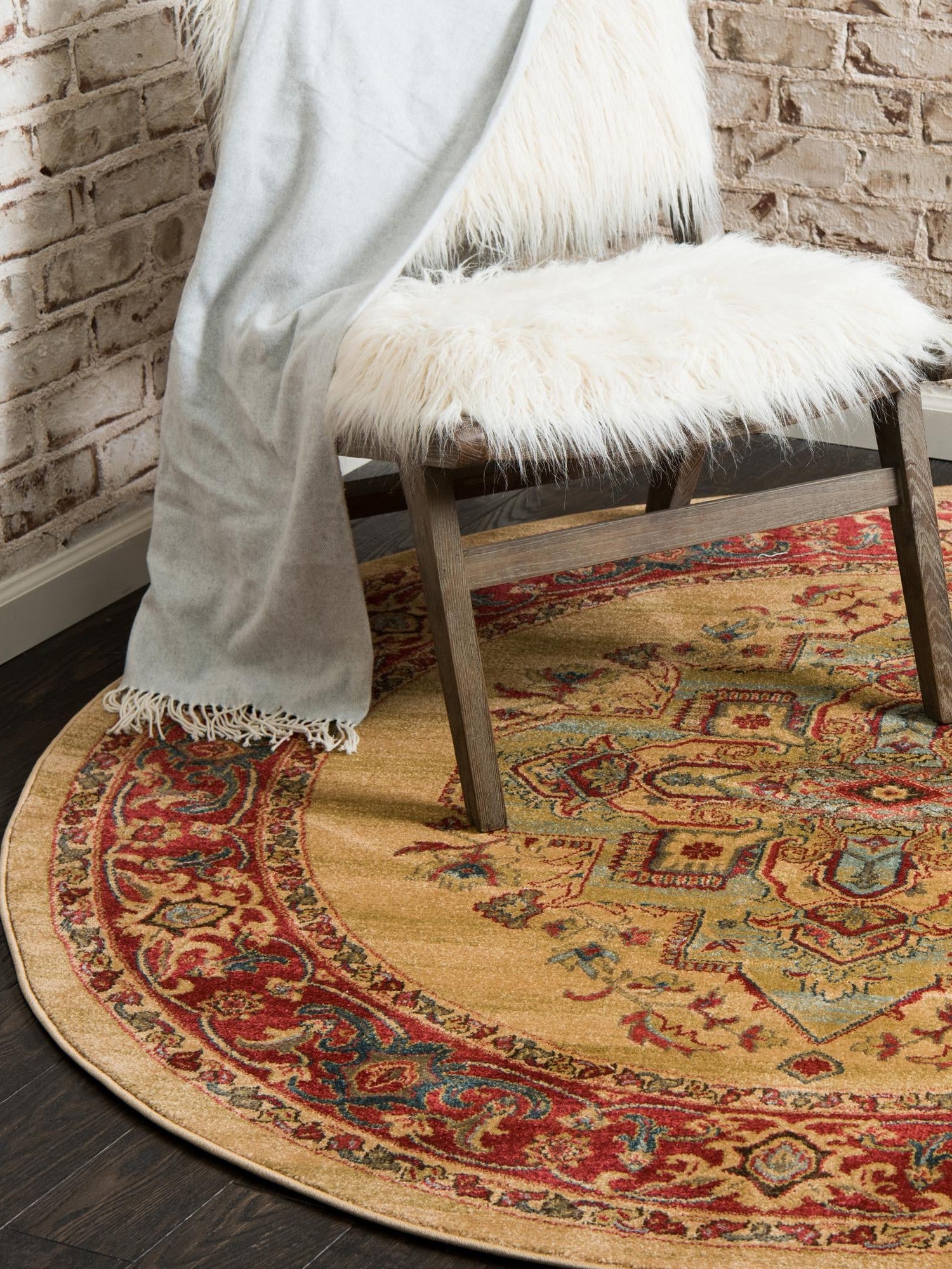 Tan 8' x 8' Sahand Round Area Rug Affordable Easy Clean Traditional Design Durable Carpet for Home Interior Design Living Room Dining Office for Sale at Rug Engine