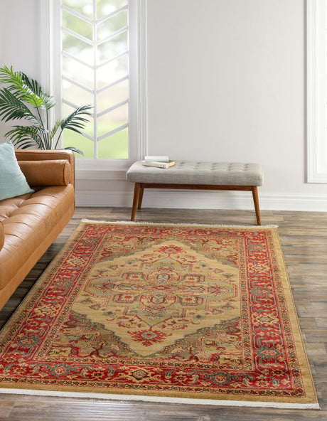 Tan 5' 1 x 8' Sahand Rectangle Area Rug Affordable Easy Clean Traditional Design Durable Carpet for Home Interior Design Living Room Dining Office for Sale at Rug Engine