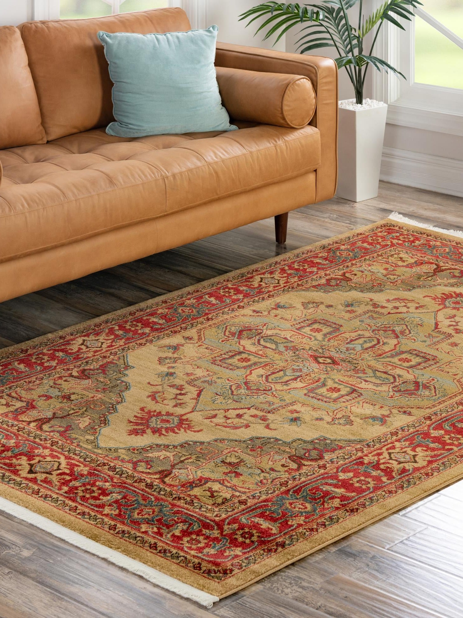 Tan 7' 1 x 10' Sahand Rectangle Area Rug Affordable Easy Clean Traditional Design Durable Carpet for Home Interior Design Living Room Dining Office for Sale at Rug Engine