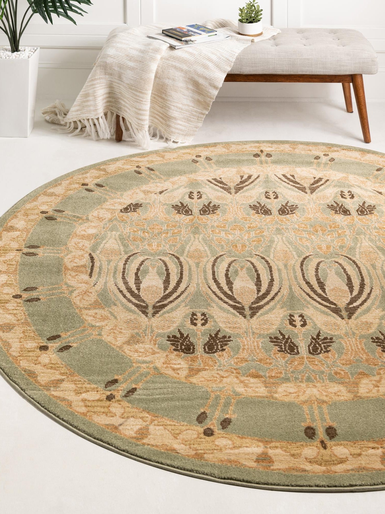 Light Green 8' x 8' Edinburgh Round Area Rug 100% Polypropylene Easy Clean With Cotton Backing Traditional Classic Design Carpet for Living, Dining Room, Office for Sale at Rug Engine