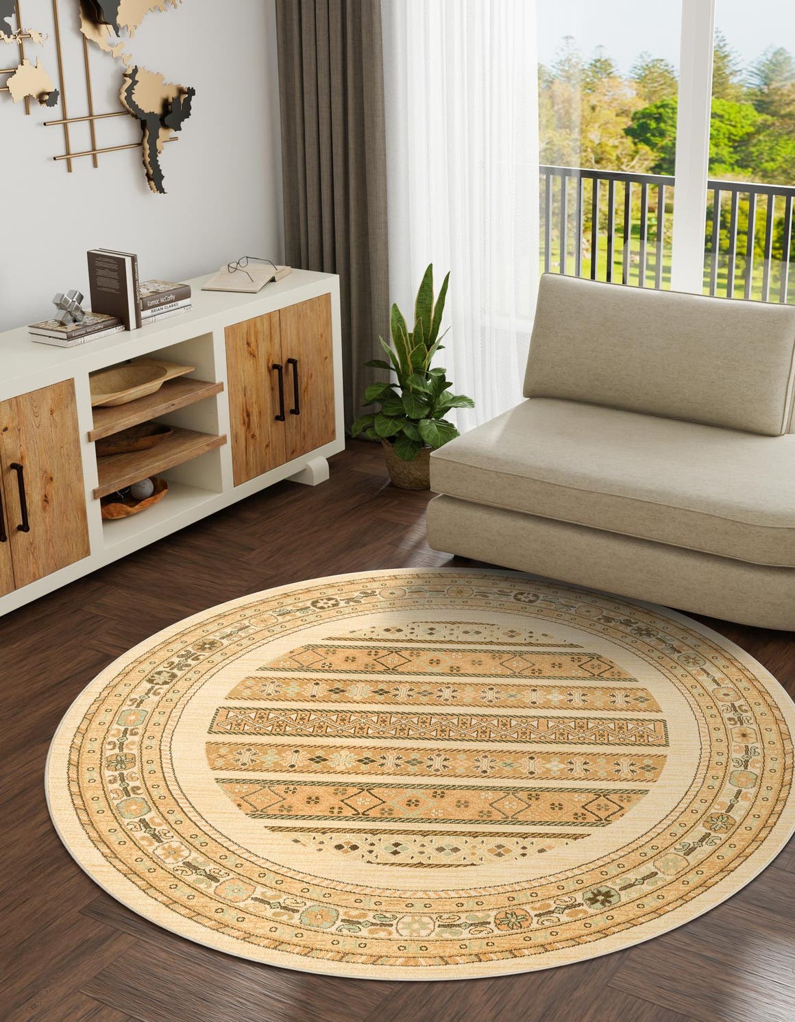 Ivory 8' x 8' Fars Round Area Rug 100% Polypropylene Unique Traditional Carpet for Classical Living, Dining Room & Office Spaces for Sale at Rug Engine