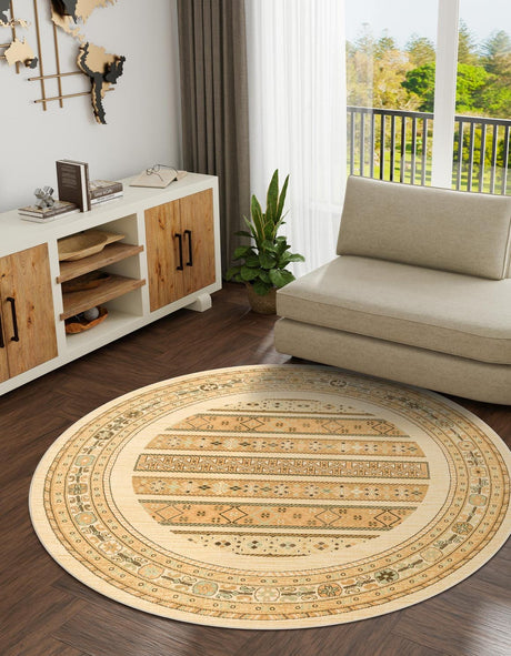 Ivory 8' x 8' Fars Round Area Rug 100% Polypropylene Unique Traditional Carpet for Classical Living, Dining Room & Office Spaces for Sale at Rug Engine